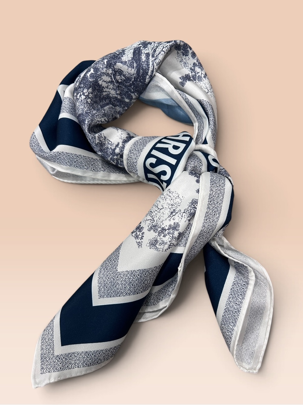Designer CD Navy & White Printed Silk Scarf